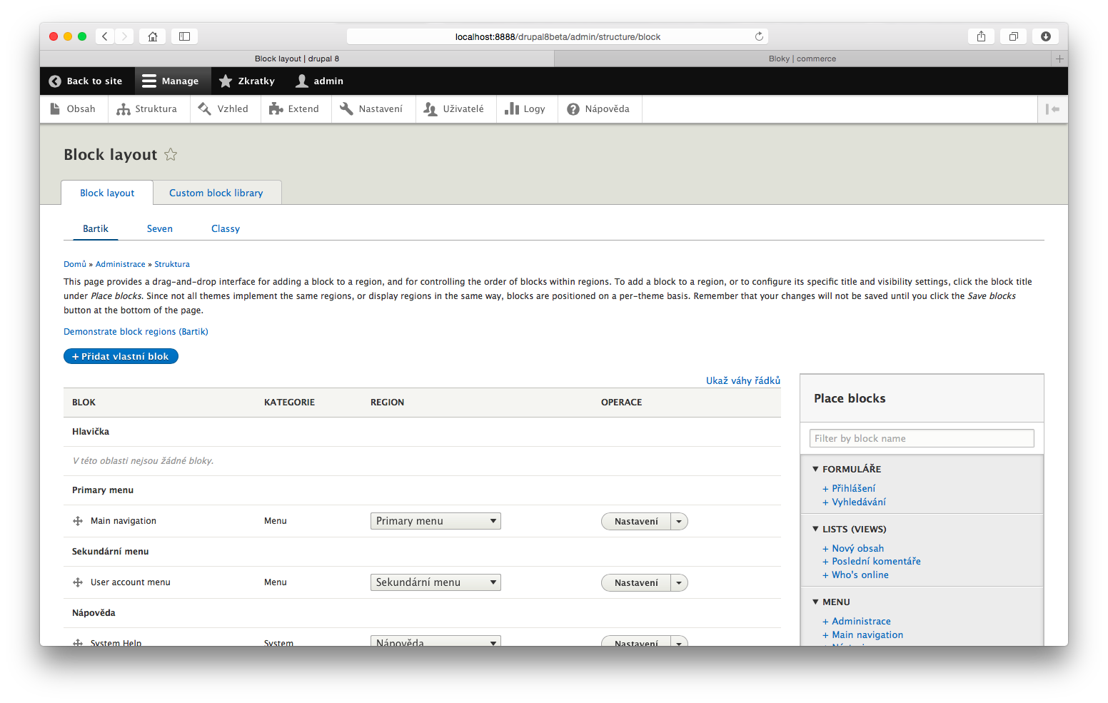 Správa bloků v Drupalu 8.