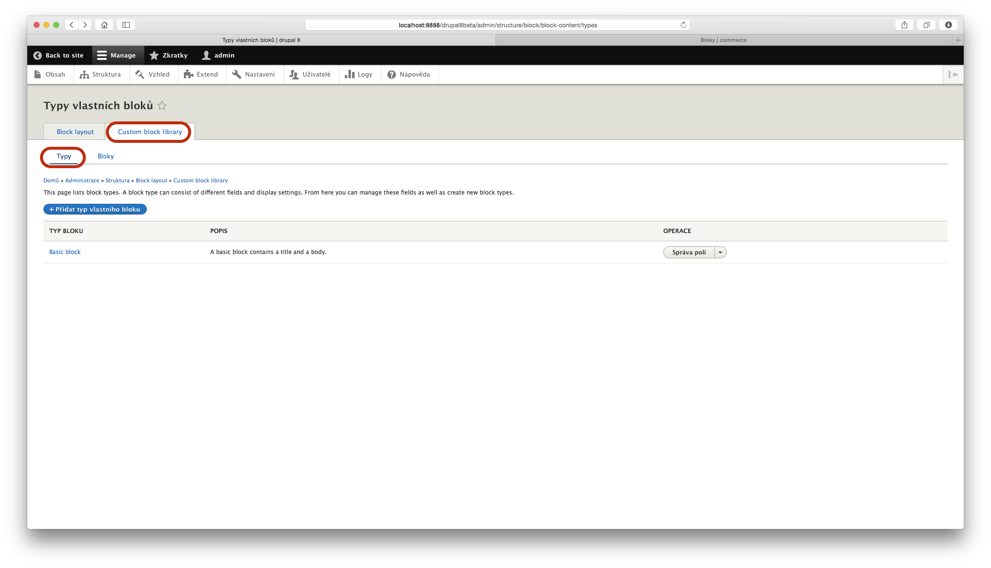 Administrace vlastních typů bloku v Drupalu 8.