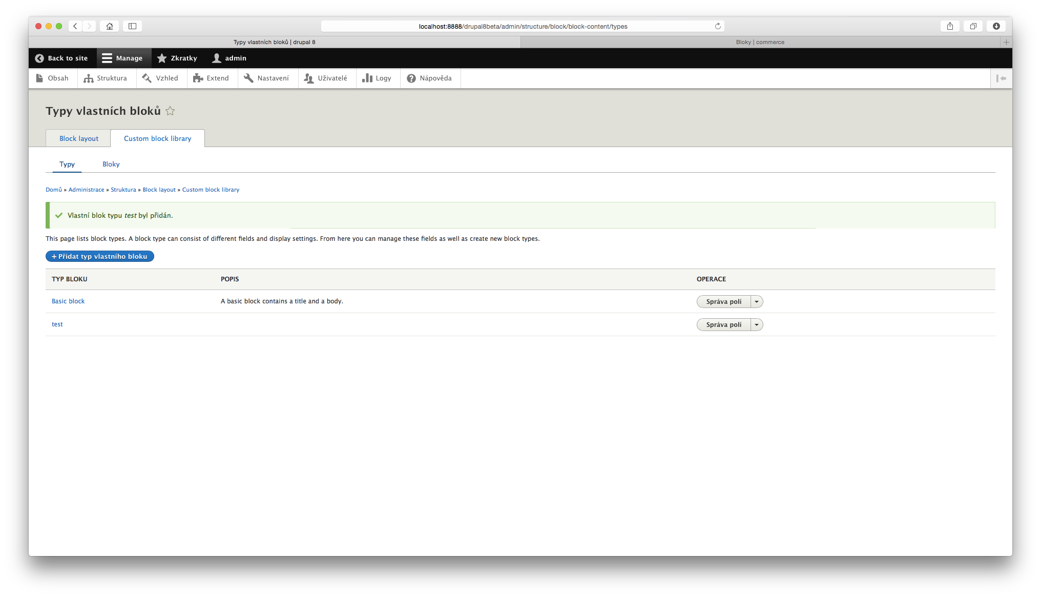 Úspěšné přidání typu bloku v Drupalu 8.