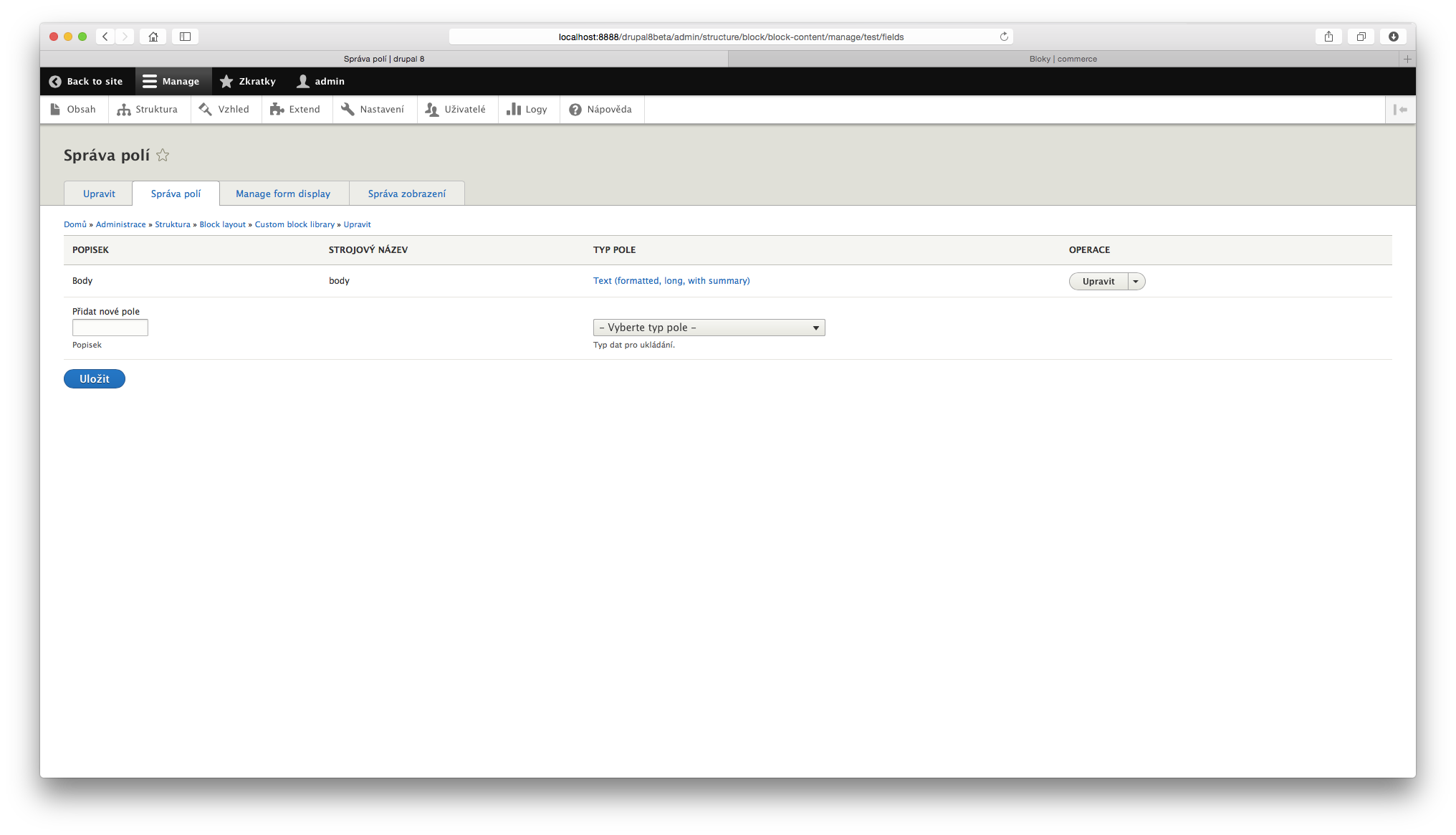 Nastavení fieldů u přidaného typu bloku v Drupalu 8.