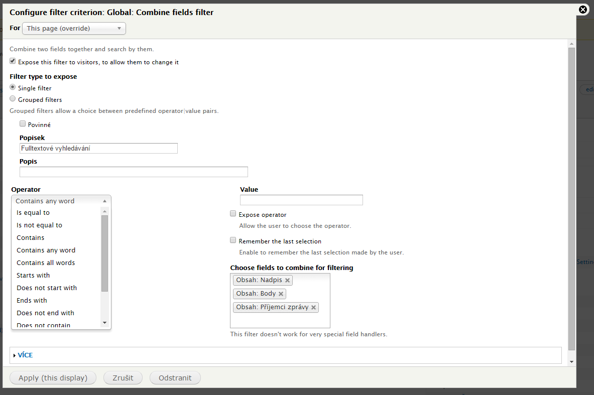 Drupal: Full-textové vyhledávání ve výsledcích Views
